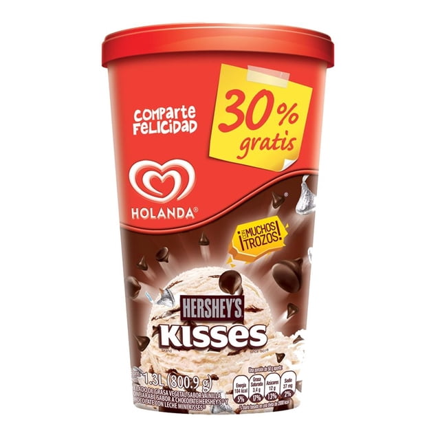 Helado Holanda Hersheys Kisses sabor vainilla con jarabe sabor chocolate y mini Kisses 1.3 l