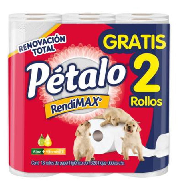 Papel higiénico Pétalo Rendimax 16 rollos con 320 hojas dobles c/u + 2 rollos gratis