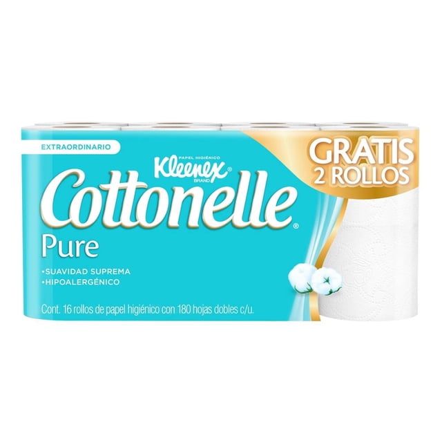 Papel higiénico Kleenex Cottonelle pure 16 rollos de 180 hojas dobles c/u