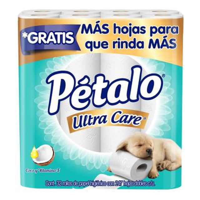 Papel higiénico Pétalo Ultra Care coco y vitamina E 32 rollos de 247 hojas dobles c/u
