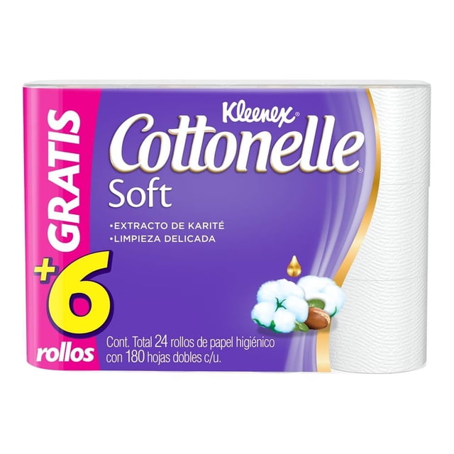 Papel higiénico Kleenex Cottonelle soft 24 rollos con 180 hojas dobles c/u
