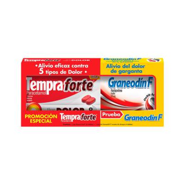 Tempra Forte 650 mg adulto 24 tabletas + Graneodín F 8.75 mg doble acción 4 tabletas