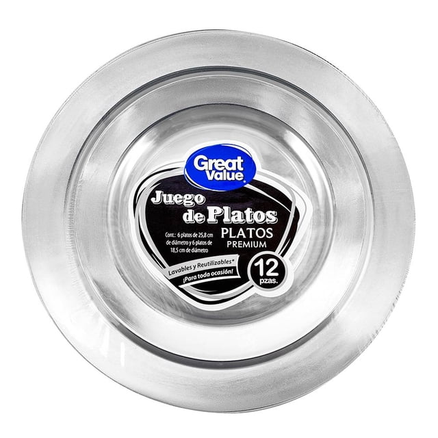Juego de platos Great Value premium transparentes contorno plateado 12 pzas