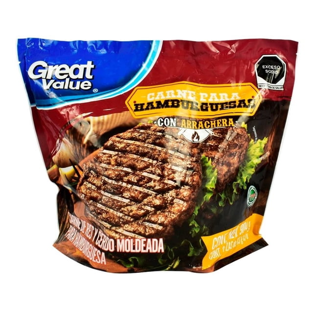 Carne para hamburguesas Great Value con arrachera 8 pzas de 113 g c/u