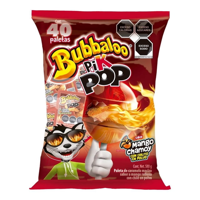 Paleta de caramelo macizo Bubbaloo Pik Pop sabor mango y chamoy con chilito en polvo 580 g