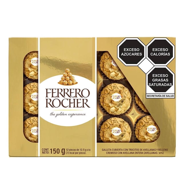Chocolates Ferrero galleta cubierta con trocitos de avellanas y relleno cremoso 12 pzas de 12.5 g c/u