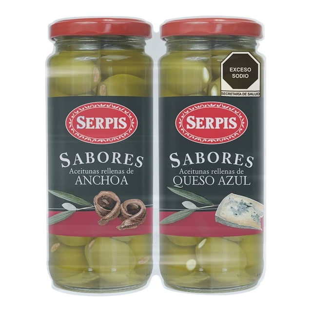 Aceitunas Serpis rellenas de anchoa 235 g y rellenas de queso azul 235 g