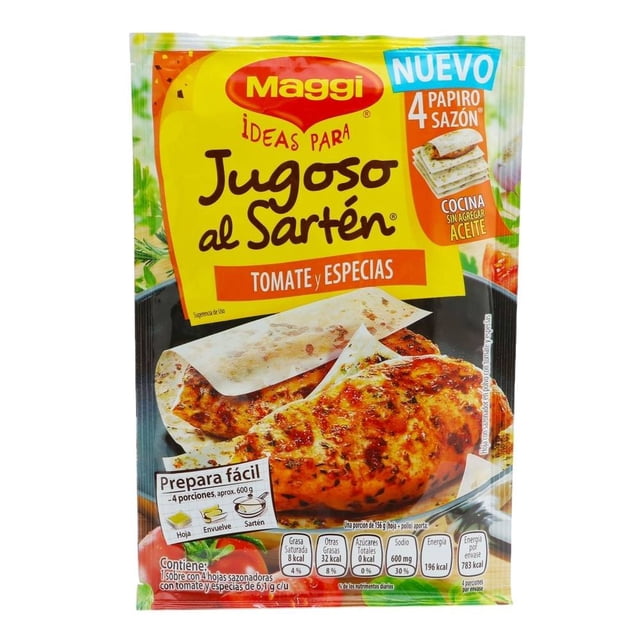 Hojas sazonadoras Maggi Jugoso al Sartén tomate y especias 1 sobre con 4 pzas