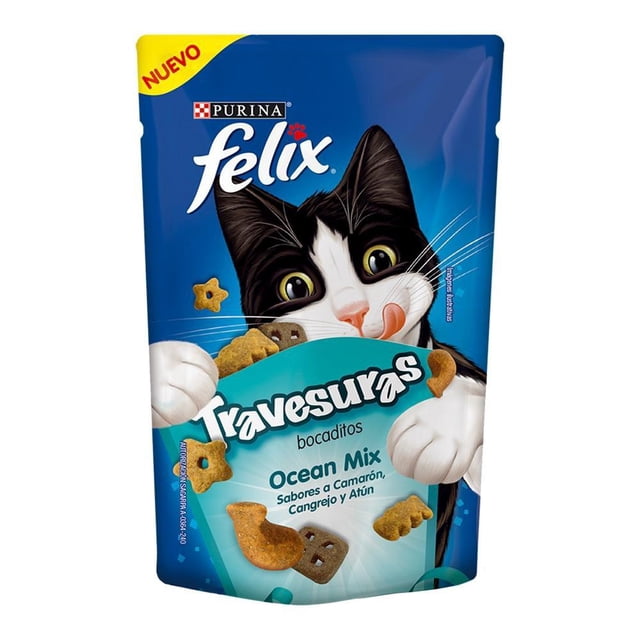 Premios para gato Felix Travesuras bocaditos ocean mix sabor camarón, salmón y atún 59.5 g
