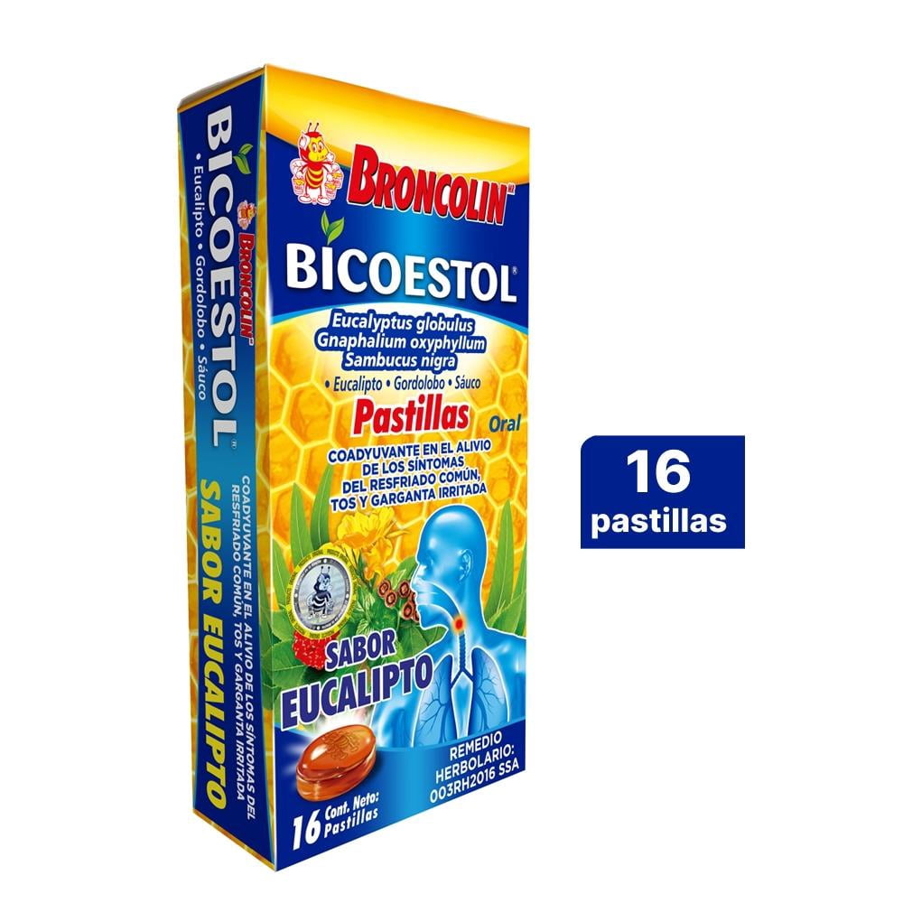 Broncodin Broncolin Bicoestol sabor eucalipto caja con 16 pastillas || Bodega ...