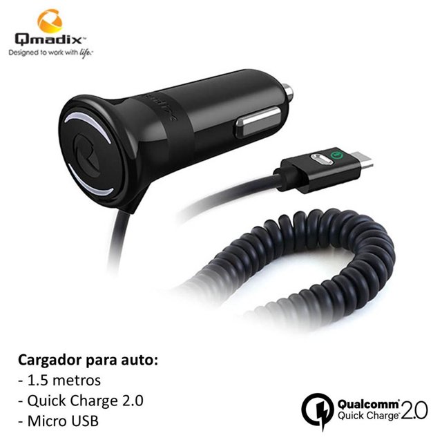 Cargador para Auto Qmadix con micro USB Quick Charge 2.0 Negro