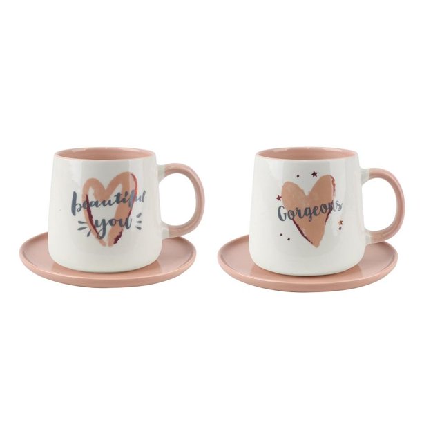 Set de 2 Tazas con Plato Hometrends 400 ml Cerámica
