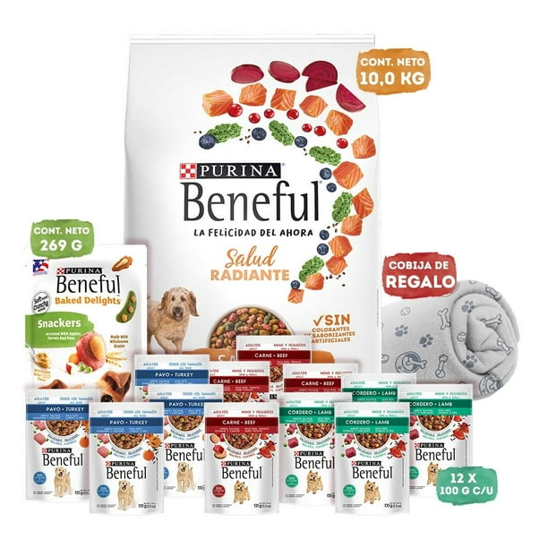 Alimento seco para perro Purina Beneful Bundle salud radiante salmon 10kg + 12 sobres beneful 100gr + 1 bolsa snack 269gr + 1 promocional