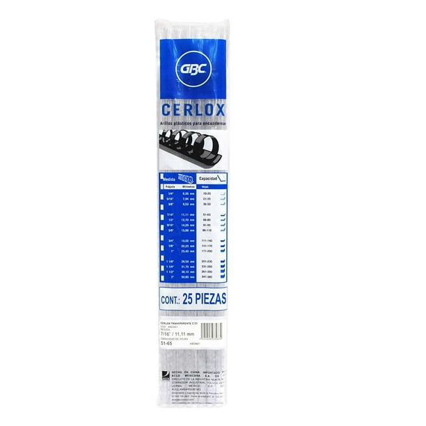 Arillo de Plástico GBC Cerlox 7/16 de Pulgada Transparente 25 Pzas