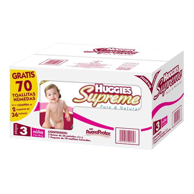 Pañales Huggies Supreme 2 Paquetes de 36 Piezas E3 y Toallitas Húmedas Niño