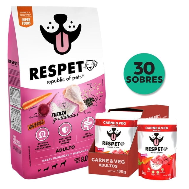 Alimento Seco de 8 Kilos razas pequeña y mediana RESPET Republic of Pets Croquetas Fuerza y Vitalidad + 12 sobres Carne y Vegetales