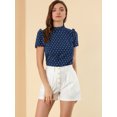 thumbnail image 2 of Blusa Tops De Lunares Volante Fruncido Manga Corta Cuello Alto Para Mujeres Azul Oscuro XS Unique Bargains Blusa, 2 of 6