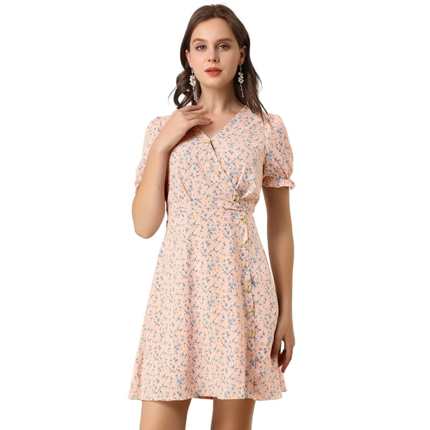 Allegra K Vestido Floral Acampanado Ajustado Manga De Soplo Botón De Decoración Cuello V Para Mujer Unique Bargains body