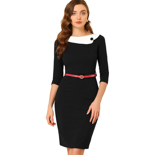 Allegra K Vestido De Oficina De Trabajo Ajustado Con Cinturón Y Cuello En Contraste Para Mujer Negro XL Unique Bargains Casual