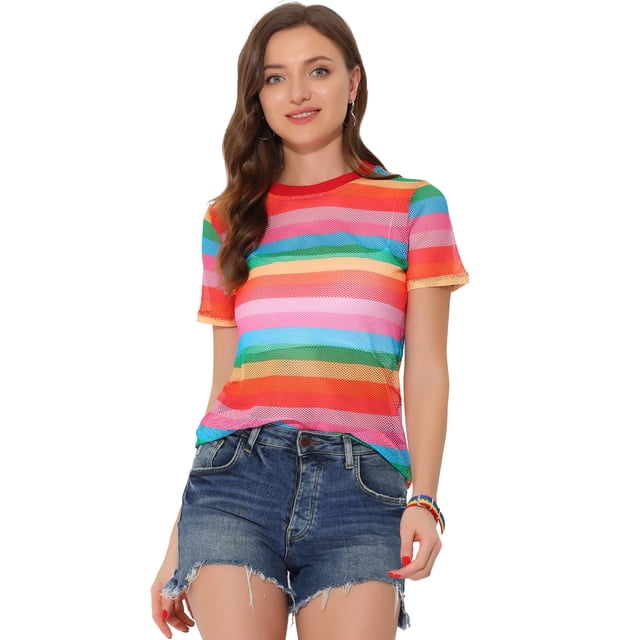 Blusa de arcoíris para mujer, blusa semitransparente de manga corta para salir de noche arcoíris M Unique Bargains Blusa