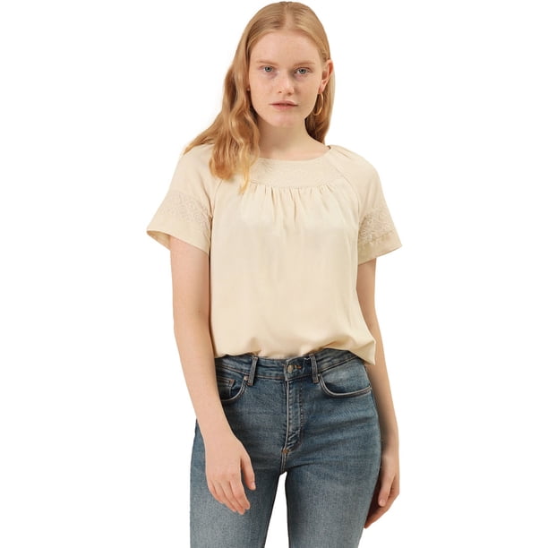 Allegra K Blusa Bordada Con Cuello Redondo Plisado Manga Raglán Informal Para Mujer Beige XS Unique Bargains Blusa
