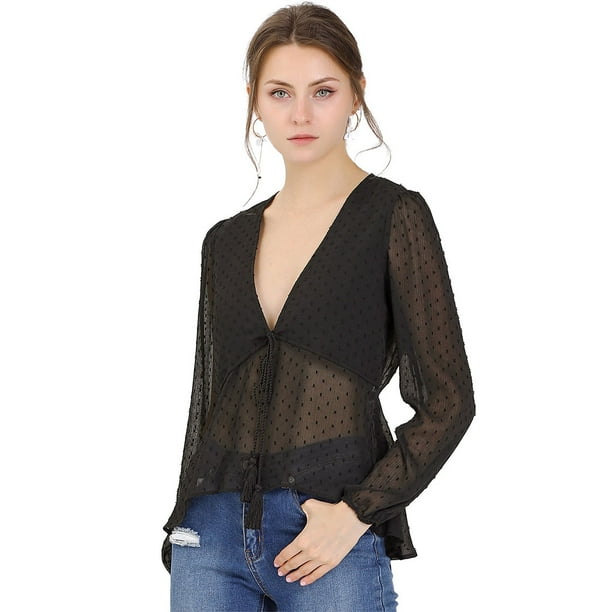 Allegra K Top de gasa transparente con mangas largas y cuello en V profundo para mujer Negro L Unique Bargains Blusa