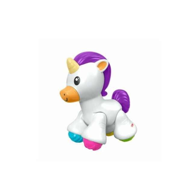 FISHER PRICE UNICORNIO CLICK CLACK Fisher Price 545, juguete multicolor para bebé con forma de unicornio blanco, melena y cola moradas, cuerno amarillo y patas con ruedas azul, rosa y verde, ideal para estimular motricidad y coordinación en las primeras etapas.