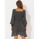 thumbnail image 4 of Mini vestido de chifón de manga larga con cuello cuadrado floral para mujer Negro XL Unique Bargains Vestimenta casual, 4 of 5