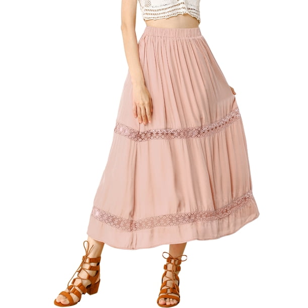 Falda Maxi Con Encaje Y Cintura Elástica Vintage Swing A-Line Para Mujer Rosa L Unique Bargains Falda