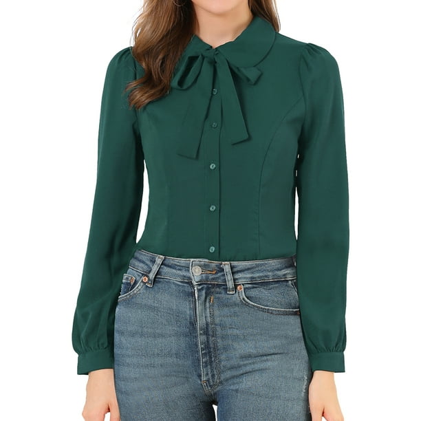 Allegra K Camisa De Oficina De Trabajo Con Cuello De Pajarita Para Mujer Blusa Peter Pan De Manga Larga Verde oscuro S Unique Bargains Blusa