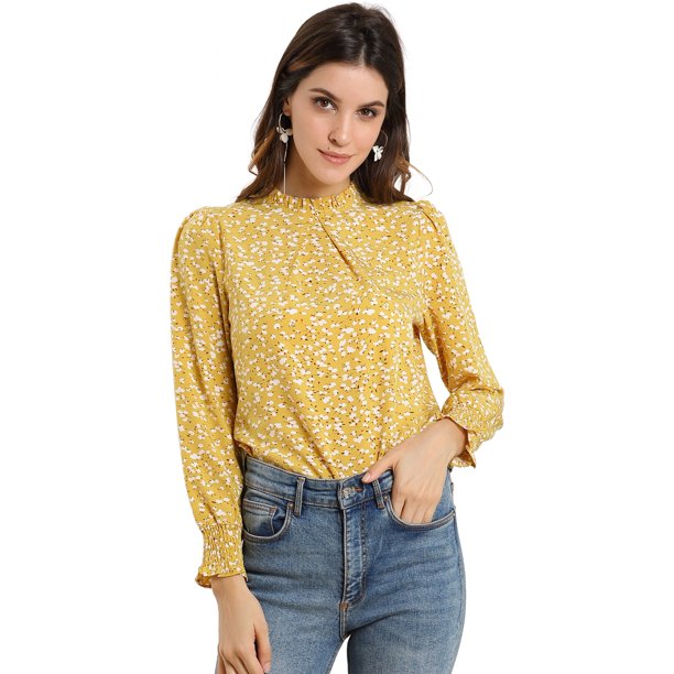 Blusas Estampadas Vintage Con Cuello Con Volantes Y Mangas Abullonadas Con Puños Fruncidos Para Muje Unique Bargains Blusa