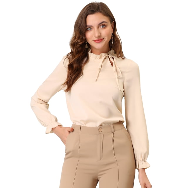 Blusa De Trabajo De Manga Larga Con Cuello Alto Y Volantes Elegantes Para Mujer Beige S Unique Bargains Camisa superior de ojo de cerradura sólida beige