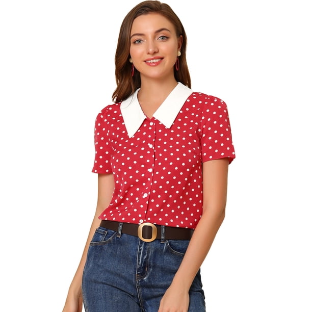 Allegra K Camiseta Blusa CortaDe Manga Corta Con Cuello Peter Pan Y Lunares Para Mujer Rojo S Unique Bargains Camisa