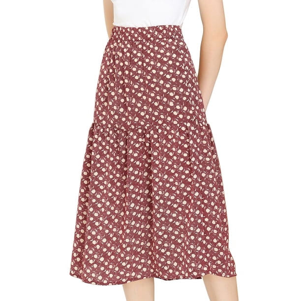 Faldas vintage para mujer Falda midi fluida floral con cintura elástica y línea A Rubor rojo XL Unique Bargains Falda