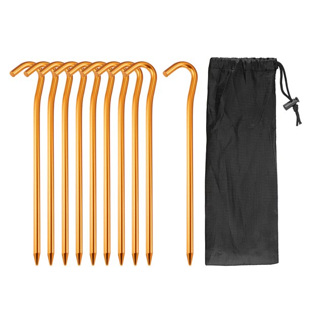 Carpa Estacas Aluminio con Gancho Kit, 10 Piezas 18,3 cm/7,2" Estacas de suelo y Almacenamiento Bolsa para Exterior Campamento Dosel Lona, Dorado Tono 1 Juego Unique Bargains estacas de la tienda