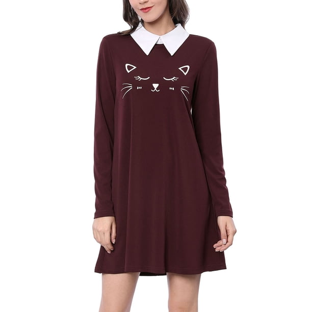Minivestido corto acampanado de manga larga con cuello en contraste para mujer borgoña XL Unique Bargains Minivestido
