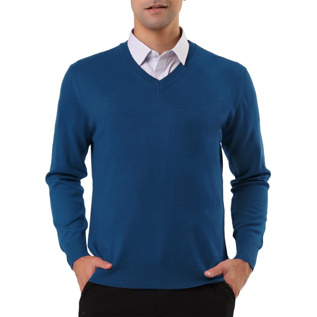 Suéter de punto de manga larga con cuello en V de color sólido clásico para hombre Azul L Unique Bargains Sweater