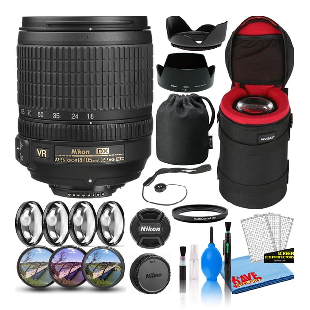 Lente Nikon AF-S DX NIKKOR 18-105 mm f/3.5-5.6G ED VR (2179) Intl con estuche acolchado para lente + kit de filtro macro + filtros de lente UV, CPL, FL + parasol de tulipán + protector de tapa de lente + kit de limpieza Nikon 2179-6A1