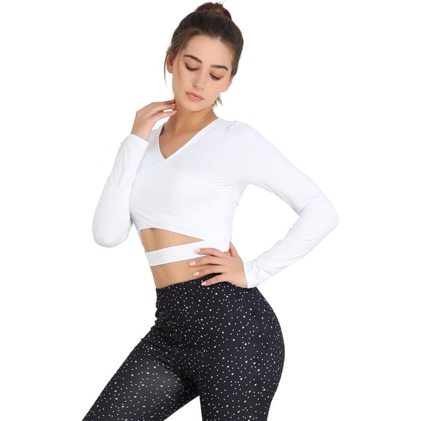 Allegra K Blusa Cuello Pico Color Sólido Manga Larga Corte Ajustado Top Deportivo Athleisure Yoga Pa Unique Bargains Blusa