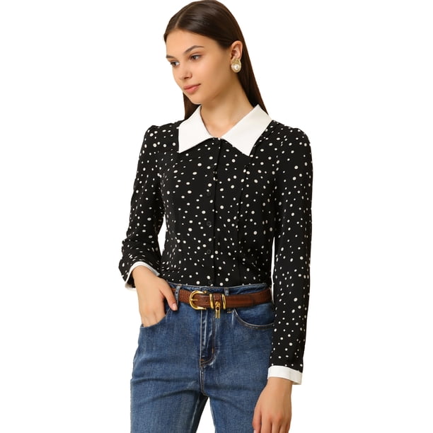 Allegra K Blusa Peter Pan De Manga Larga Con Botones En El Cuello En Contraste De Puntos Para Mujer Unique Bargains Blusa