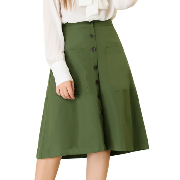 Falda midi estilo campesina con botones delanteros y bolsillos para mujer Verde M Unique Bargains Falda