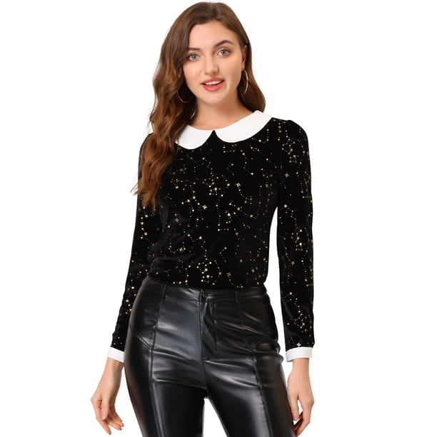 Allegra K Blusa de terciopelo con cuello Peter Pan y estampado de estrellas en contraste para mujer Negro XL Unique Bargains Blusa