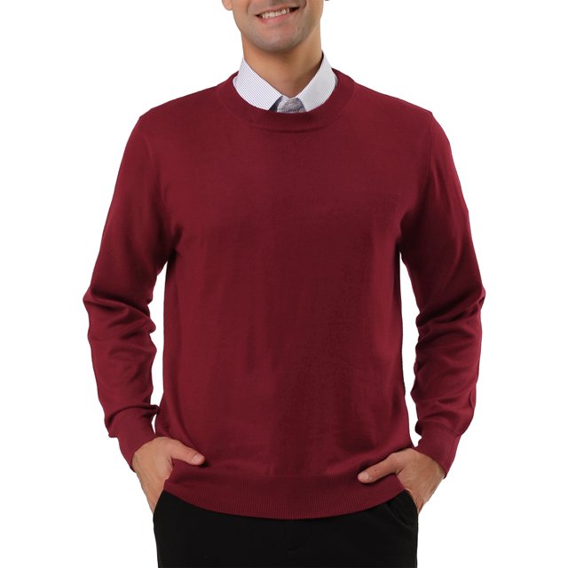 Suéter de punto de color sólido de manga larga con cuello redondo informal para hombre rojo L Unique Bargains Sweater