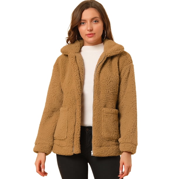 Allegra K Abrigo de chaqueta mullida con solapa de piel sintética y cremallera para mujer Caqui L Unique Bargains abrigo
