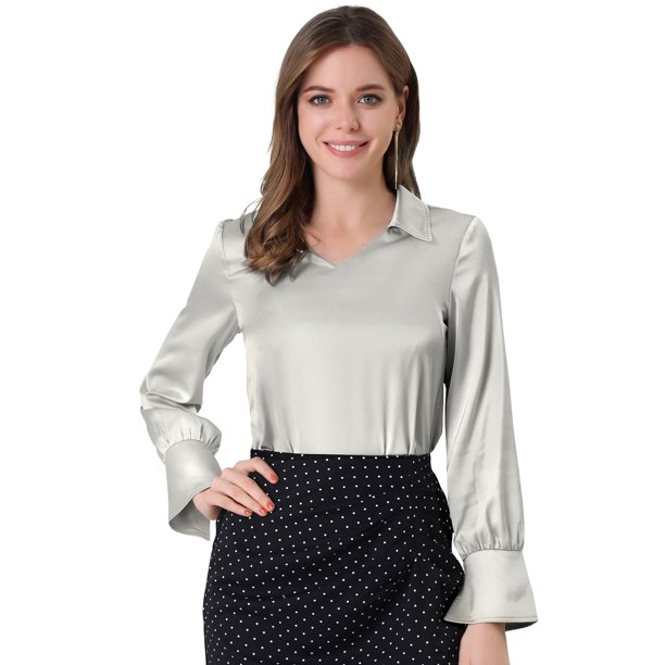 Blusa De Trabajo De Oficina Manga Larga Sólido Cuello Pico Vuelto Para Mujer Gris S Unique Bargains Blusa