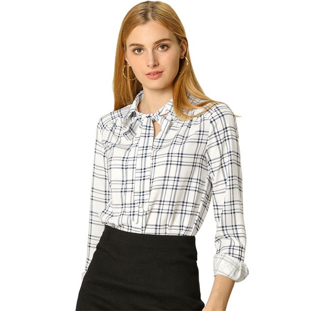 Allegra K Top De Cuadros Casual Camisa Con Botones Manga Larga Cuello De Corbata De Lazo Para Mujere Unique Bargains Camisa