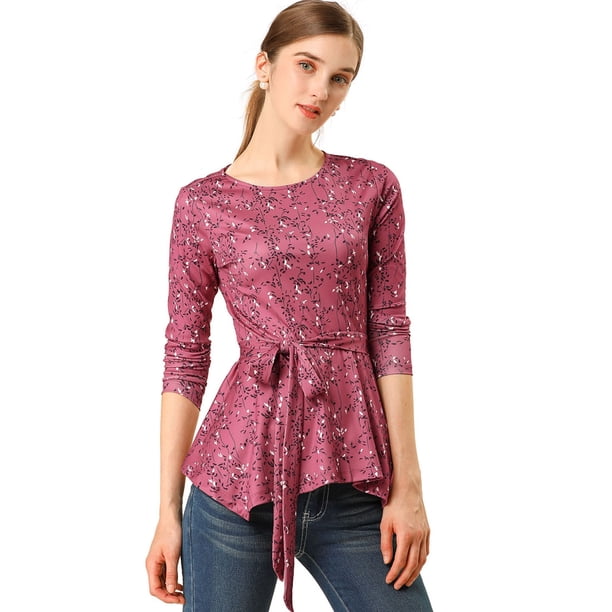 Allegra K Tops Peplum De Oto?o Con Volantes Y Estampado Floral De Manga Larga Para Mujer cereza XS Unique Bargains Blusa