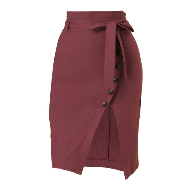 Allegra K Falda de tubo corta vintage con cinturón y abertura con botones decorativos para mujer Bor Unique Bargains Falda