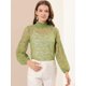 thumbnail image 4 of Blusas de manga larga de encaje para mujer Blusas florales elegantes con cuello con volantes Verde c Unique Bargains ver a través del club de blusa de encaje, 4 of 6