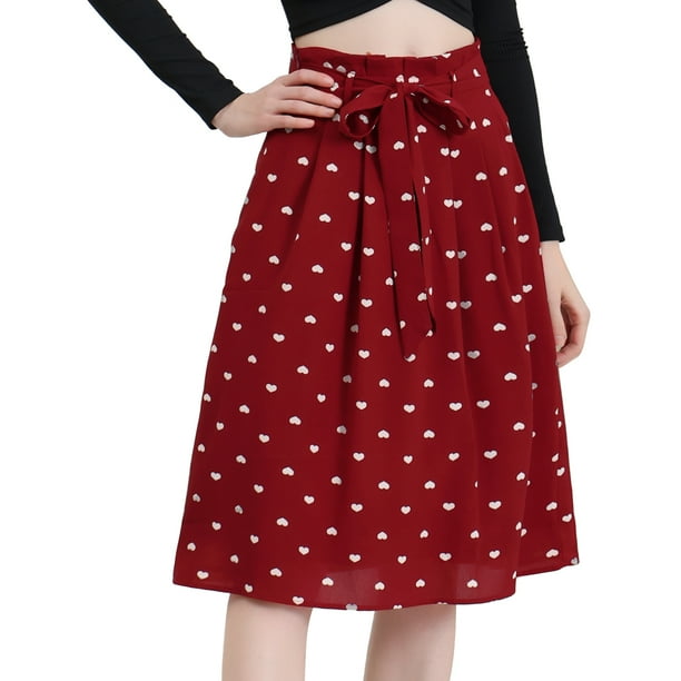 Allegra K Falda midi vintage de cintura alta elástica con cinturón para mujer Corazones rojos M Unique Bargains Falda